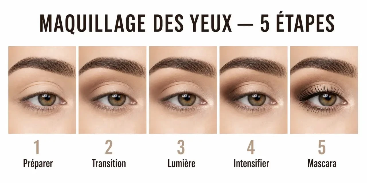 Démonstration maquillage yeux en étapes pour débutant avec préparation, fard, lumière et mascara