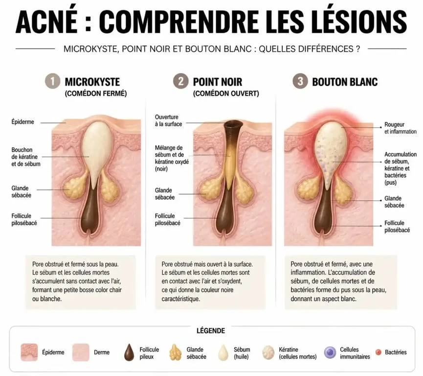 Comparatif visuel des types de boutons et microkystes sur le visage