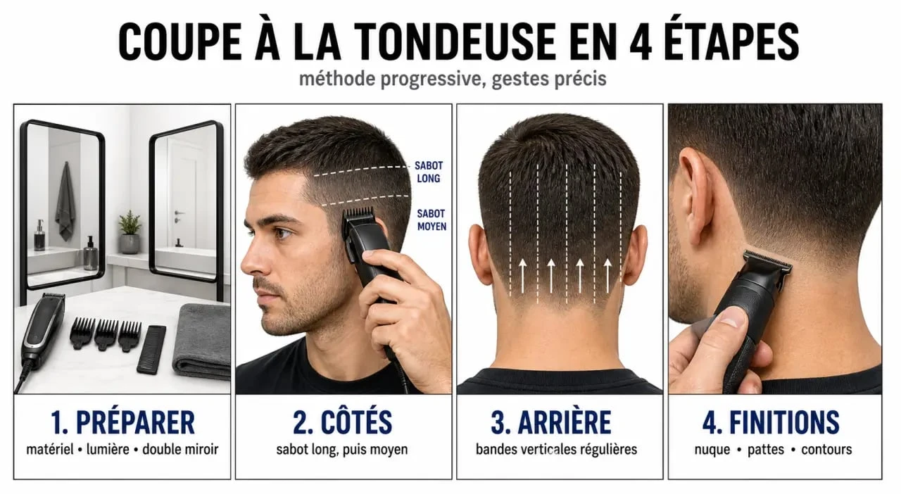 Coupe à la tondeuse en étapes avec ordre des zones et des sabots