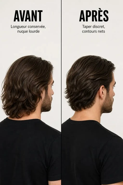 Avant après taper cheveux longs avec contours nettoyés et longueur conservée