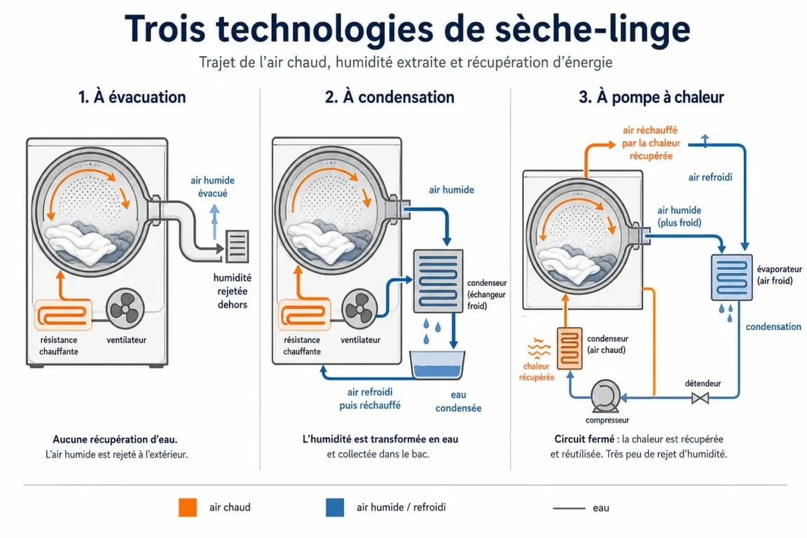 Comment fonctionne un seche linge : schéma comparatif des systèmes à évacuation, condensation et pompe à chaleur