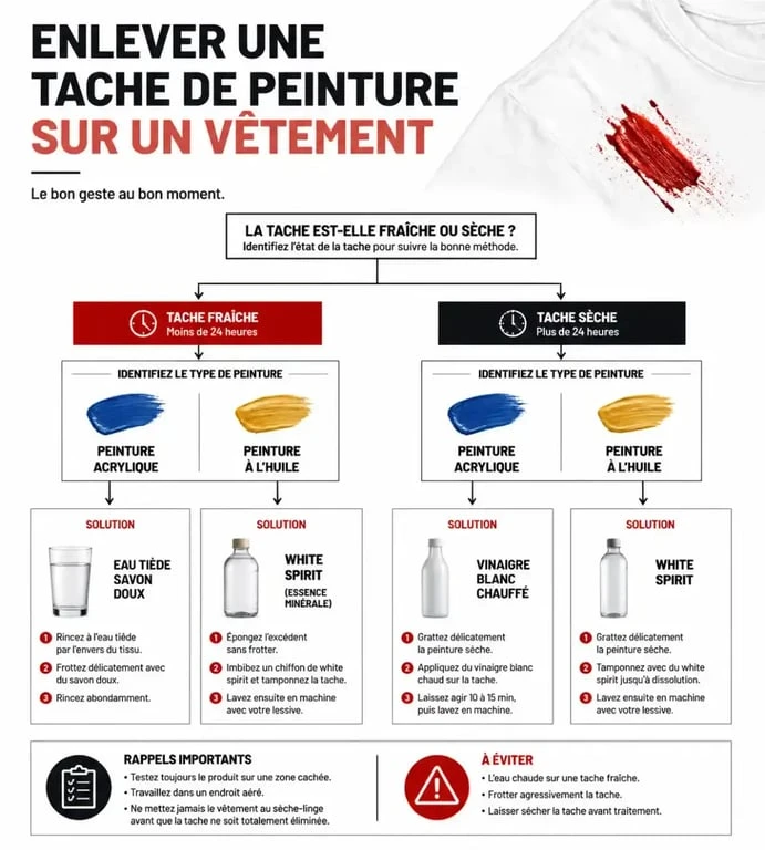 Infographie des étapes pour enlever une tache de peinture sur un vêtement