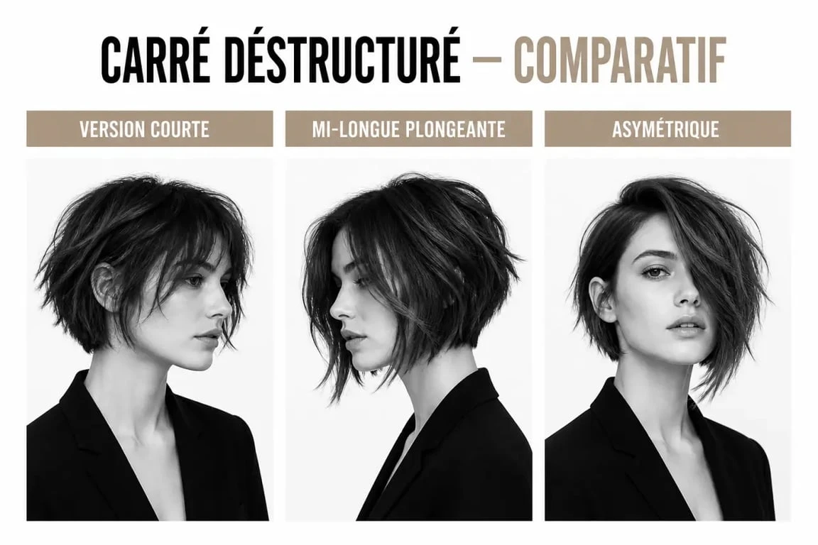 Variantes de carré destructuré court, plongeant et asymétrique présentées côte à côte