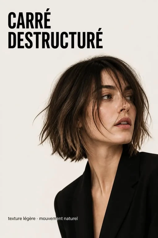Carré destructuré mi-long sur femme aux cheveux texturés, rendu naturel et mouvement léger