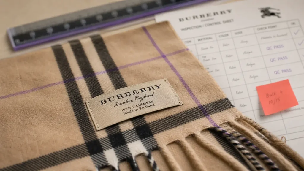 Étiquette d’écharpe Burberry : couture nette, motif tissé et prix qui doivent alerter