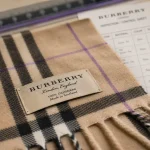 Étiquette echarpe burberry, couture nette et motif check tissé près des franges