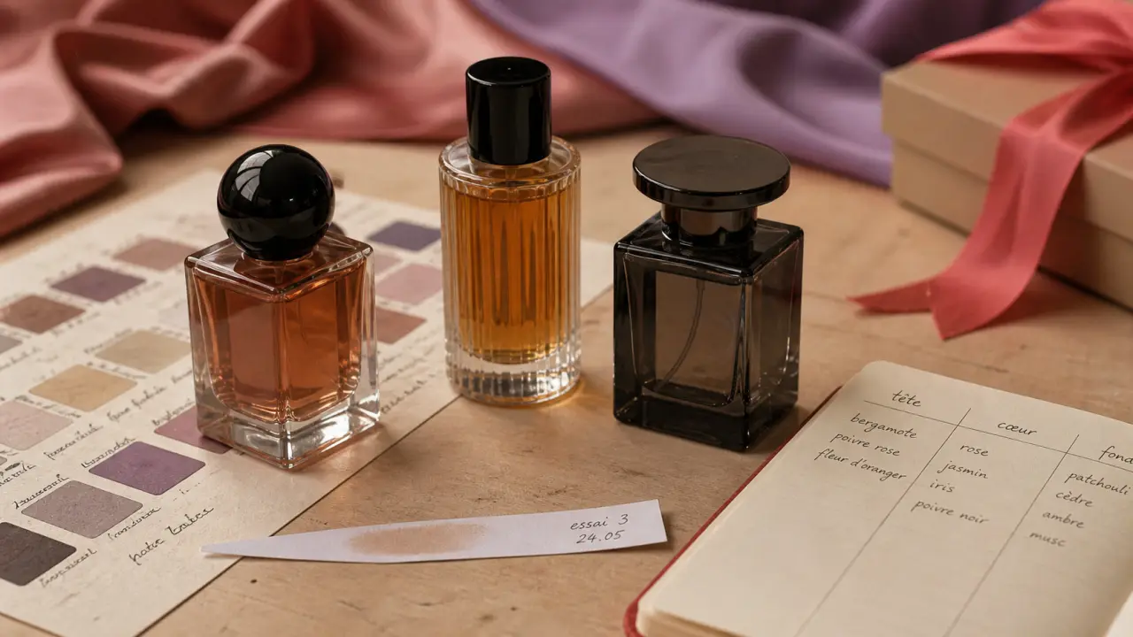 Parfum haut de gamme pour femme : flacons rose, oud, ambré, sur table d’atelier