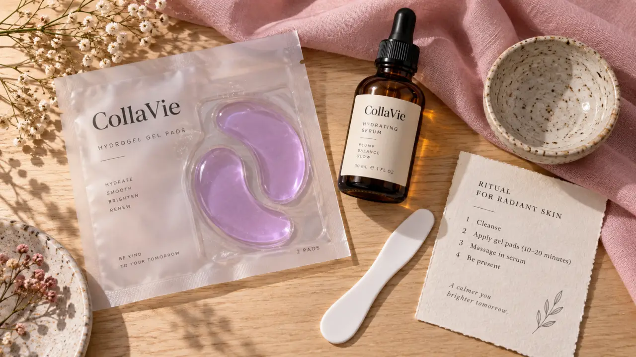 CollaVie avis : masque hydrogel repulpant et hydratant, flacon sérum sur fond rose