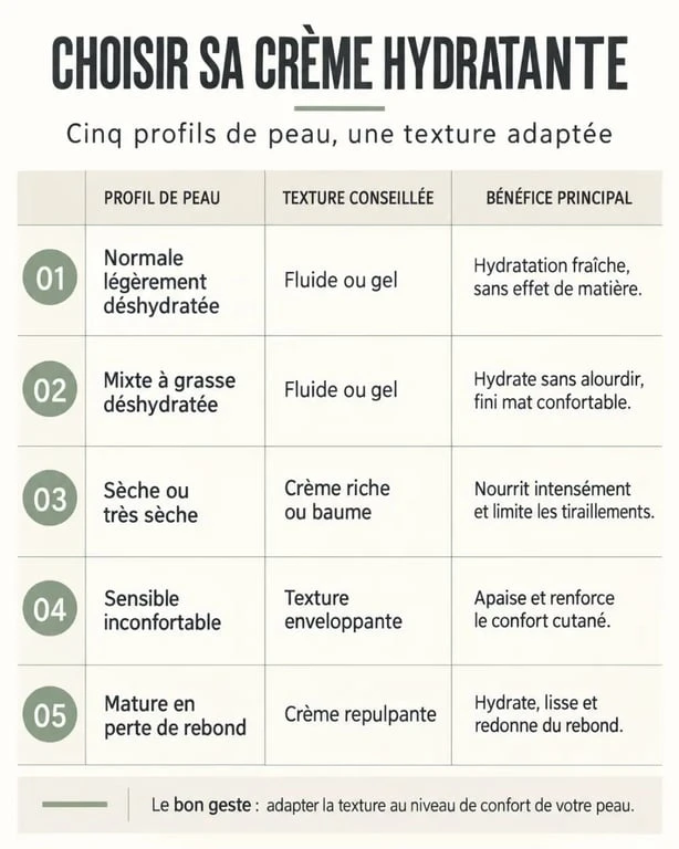 Infographie pour choisir une crème hydratante NUXE selon son type de peau et la texture recherchée