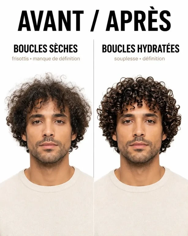 Cheveux frisés homme : avant et après une routine qui réduit les frisottis et définit mieux les boucles