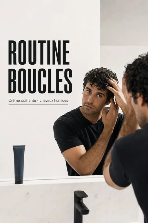 Cheveux frisés homme : routine simple de coiffage avec application d’une crème coiffante sur cheveux humides