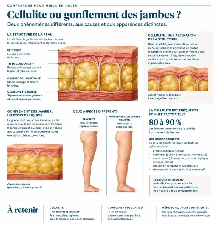 J’ai perdu toute ma cellulite : schéma de la peau et différence entre cellulite et gonflement des jambes