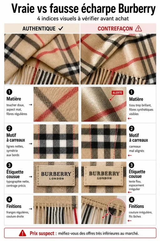 Fausse écharpe Burberry : comparaison visuelle entre authentique et contrefaçon avec matière, motif et étiquette