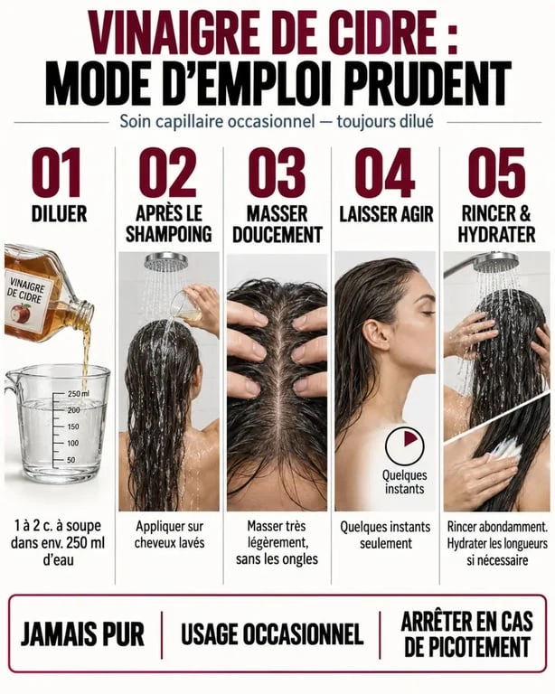 Mode d’emploi du vinaigre de cidre et des cheveux avec dilution, application et rinçage