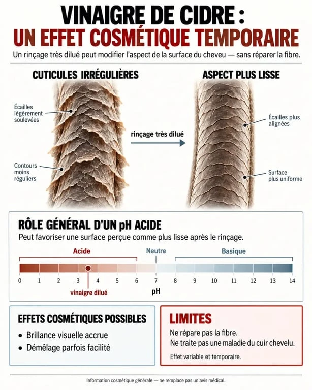 Infographie sur le vinaigre de cidre et les cheveux : pH acide, cuticules, brillance et démêlage