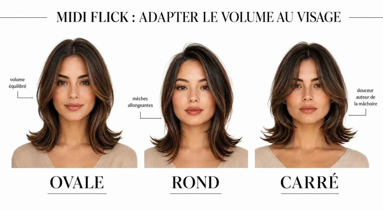 Coupe midi flick adaptée aux formes de visage ovale, rond et carré