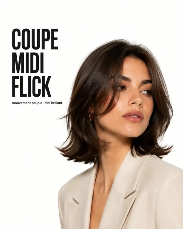 Coupe midi flick portée sur cheveux mi-longs avec pointes retournées vers l’extérieur