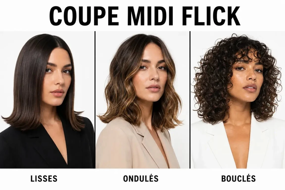 Coupe midi flick sur cheveux lisses, ondulés et bouclés en un même visuel