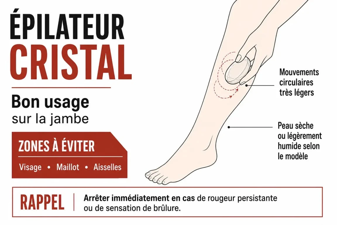 Épilateur cristal avis : schéma d’utilisation sur peau et zones à éviter