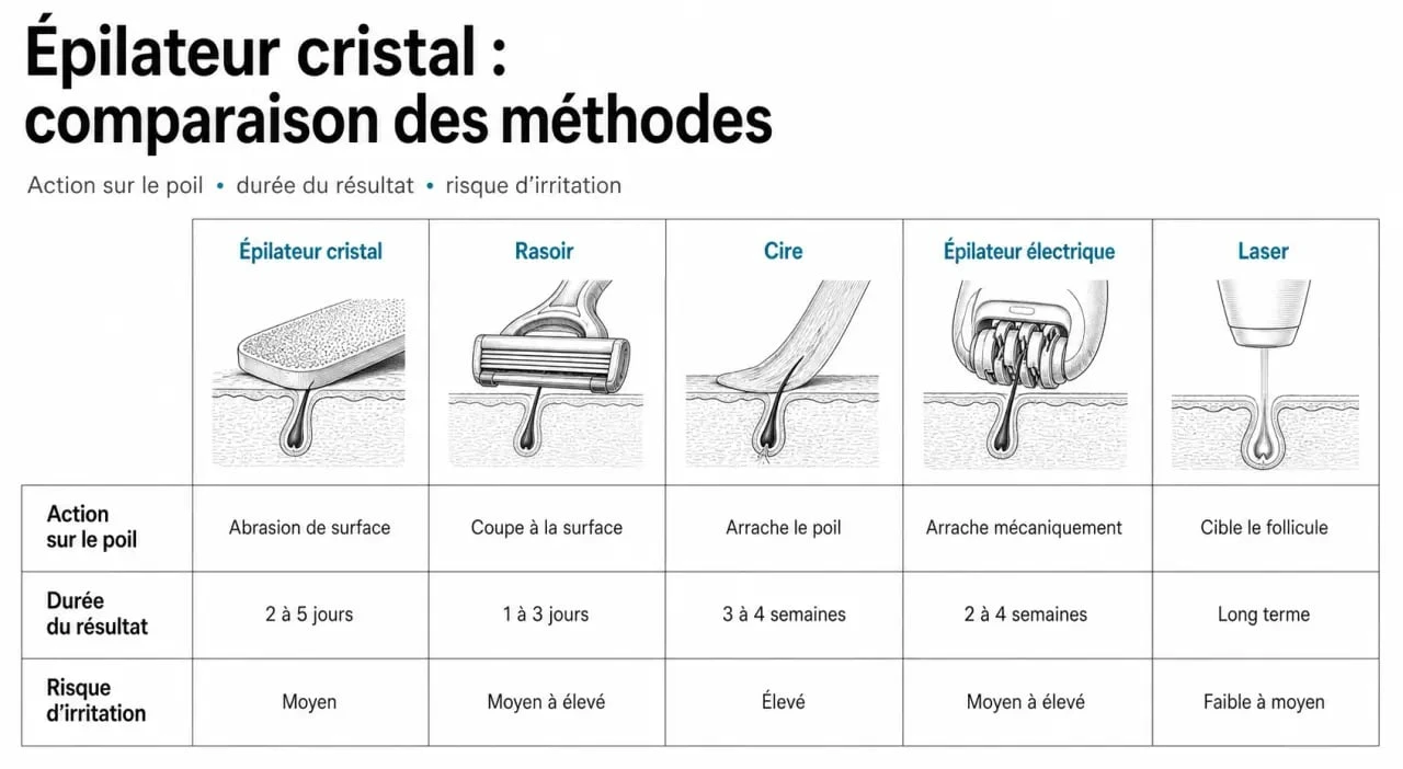 Épilateur cristal avis : comparatif visuel avec rasoir, cire, épilateur électrique et laser
