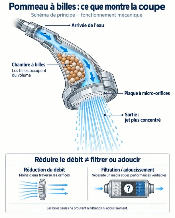Schéma du fonctionnement d’un pommeau de douche à billes et de la différence entre débit, filtration et adoucissement