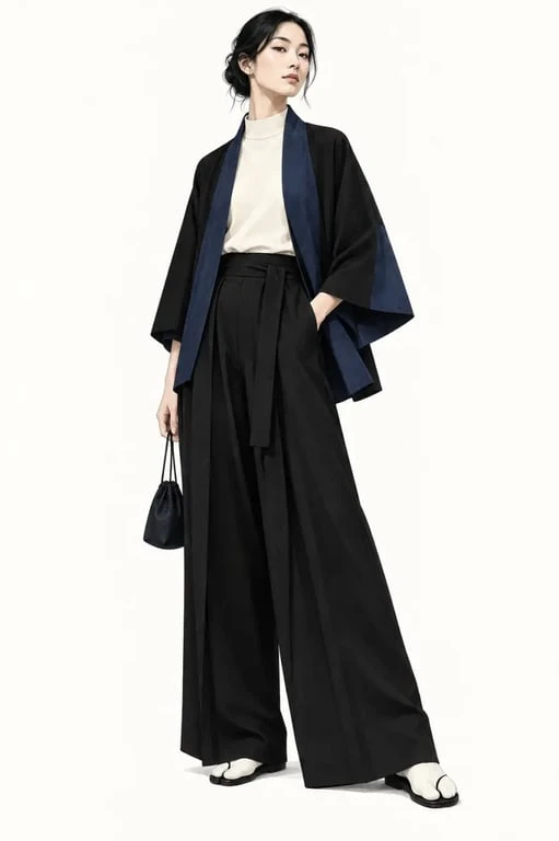 Tenue de mode japonaise femme avec veste façon haori, pantalon large et tabis