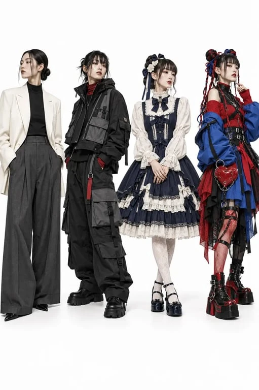 Quatre silhouettes illustrant différents styles de mode japonaise femme