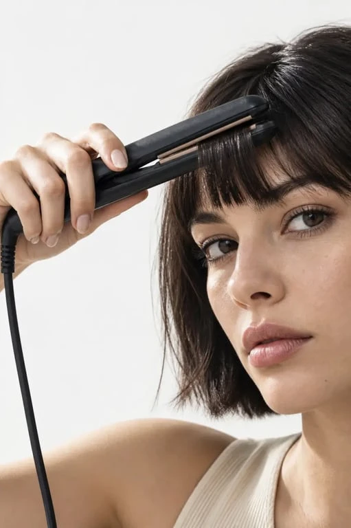 Mini lisseur cheveux courts utilisé sur une frange