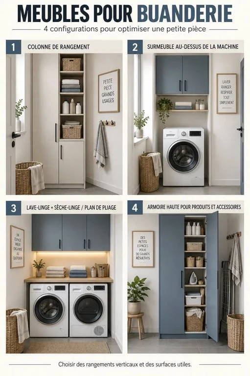Infographie des meubles pour buanderie selon quatre configurations d'aménagement
