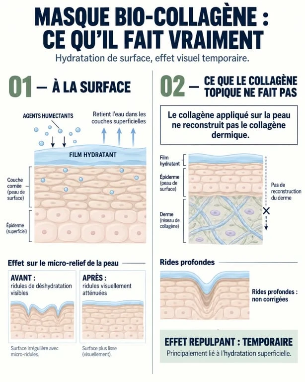 Schéma expliquant l'effet hydratant du masque bio-collagène CollaVie