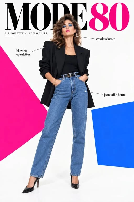 Tenue années 80 femme avec blazer oversize, jean taille haute et accessoires rétro