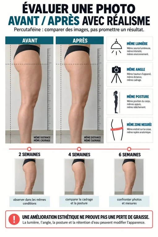 Infographie Percutaféine avant après avec méthode de comparaison des photos et suivi à 2, 4 et 6 semaines