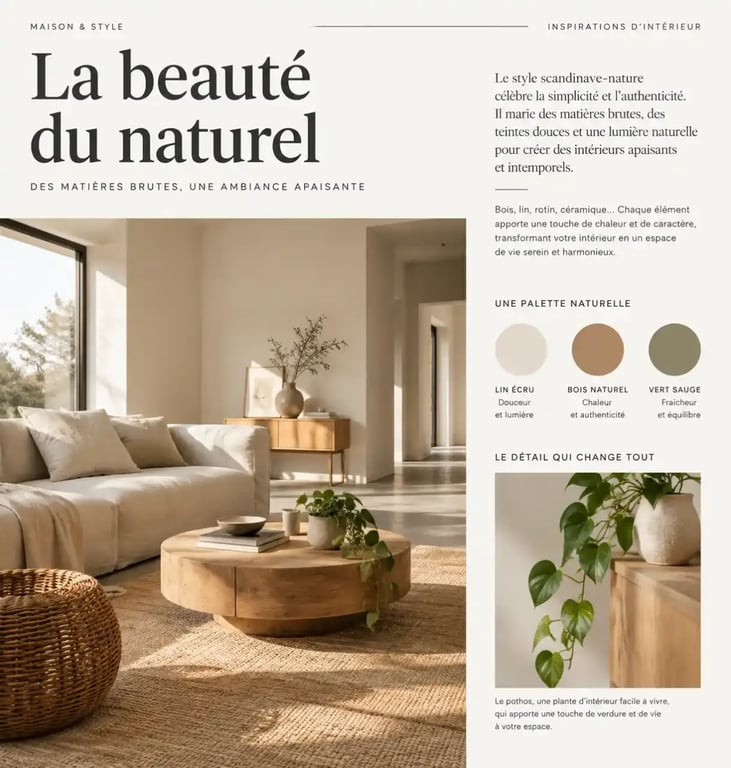 Décoration intérieure naturelle associant bois brut, rotin et plantes vertes dans un salon lumineux