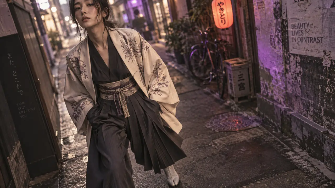 Mode japonaise femme au quotidien : haori ouvert, obi revisité et tabis