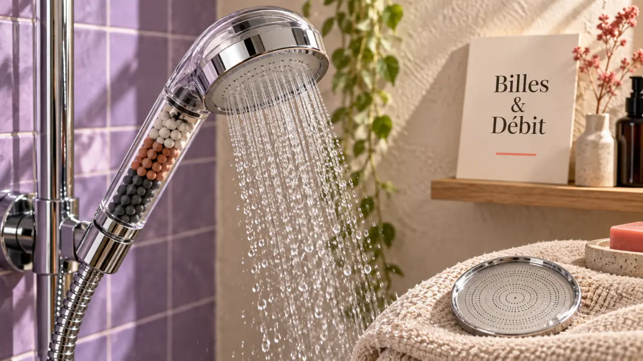 Pommeau de douche billes : gouttes et micro-orifices, débit économique