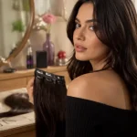 Rajout pour les cheveux : peigne et mèche brillantes sur coiffeuse