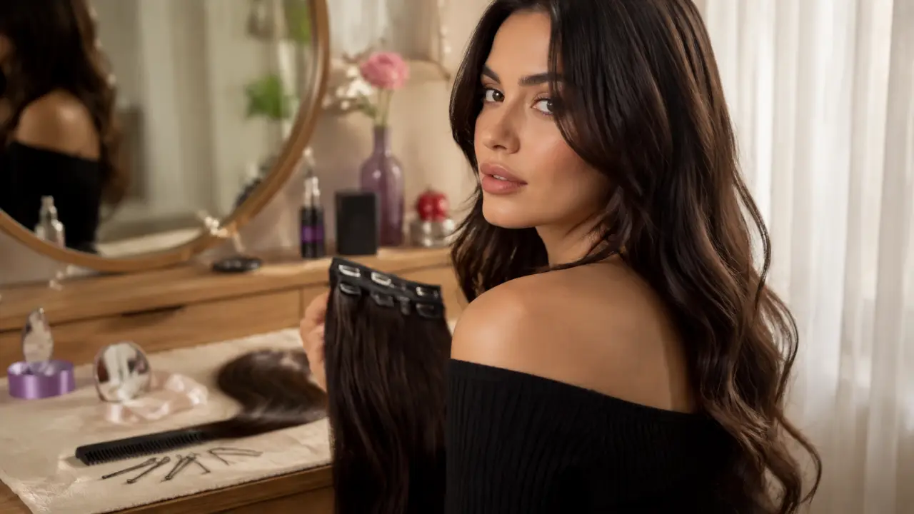 Rajout pour les cheveux : peigne et mèche brillantes sur coiffeuse