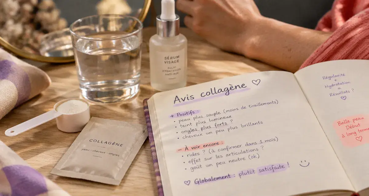 d lab collagène peau neuve avis : carnet notes, sérum et eau sur table