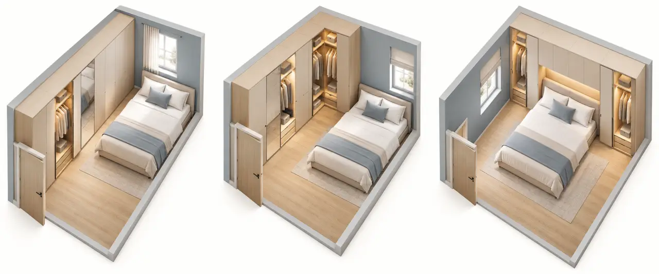 Idées pour aménager un coin dressing élégant dans une petite chambre avec rangement sur un mur, en angle ou autour du lit