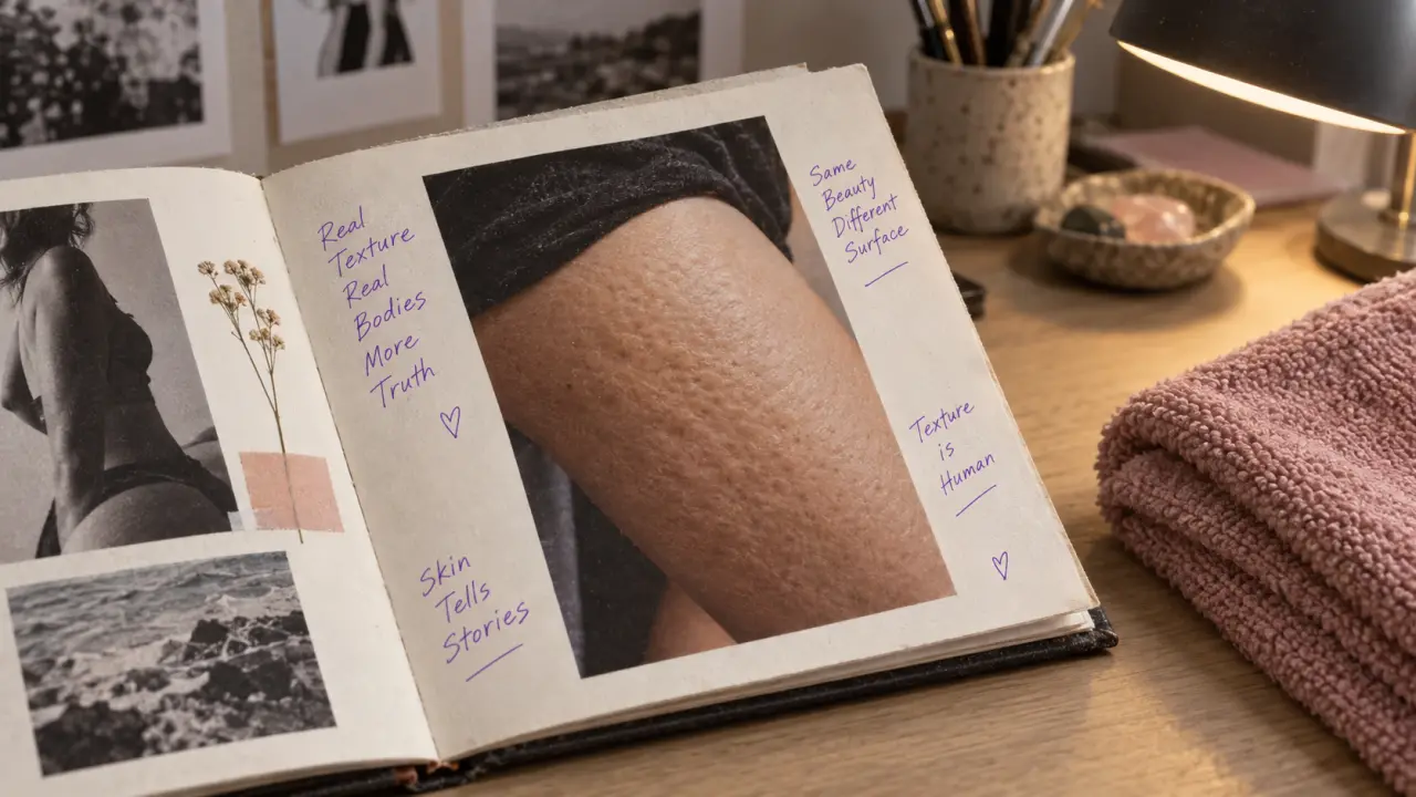 Photo peau d'orange sur cuisse, pores et impression annotée